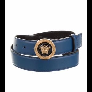 100% authentic Versace Blue Leather Belt with Gold Medusa Round Buckle